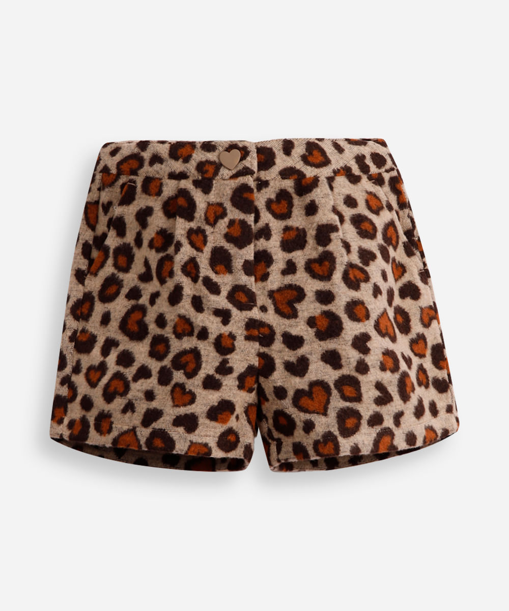 short mom infantil flanelado animal print bege