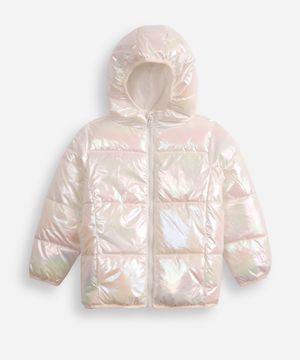 jaqueta puffer infantil com capuz holográfica off white