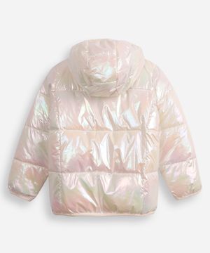 jaqueta puffer infantil com capuz holográfica off white