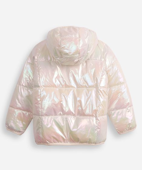 jaqueta puffer infantil com capuz holográfica off white