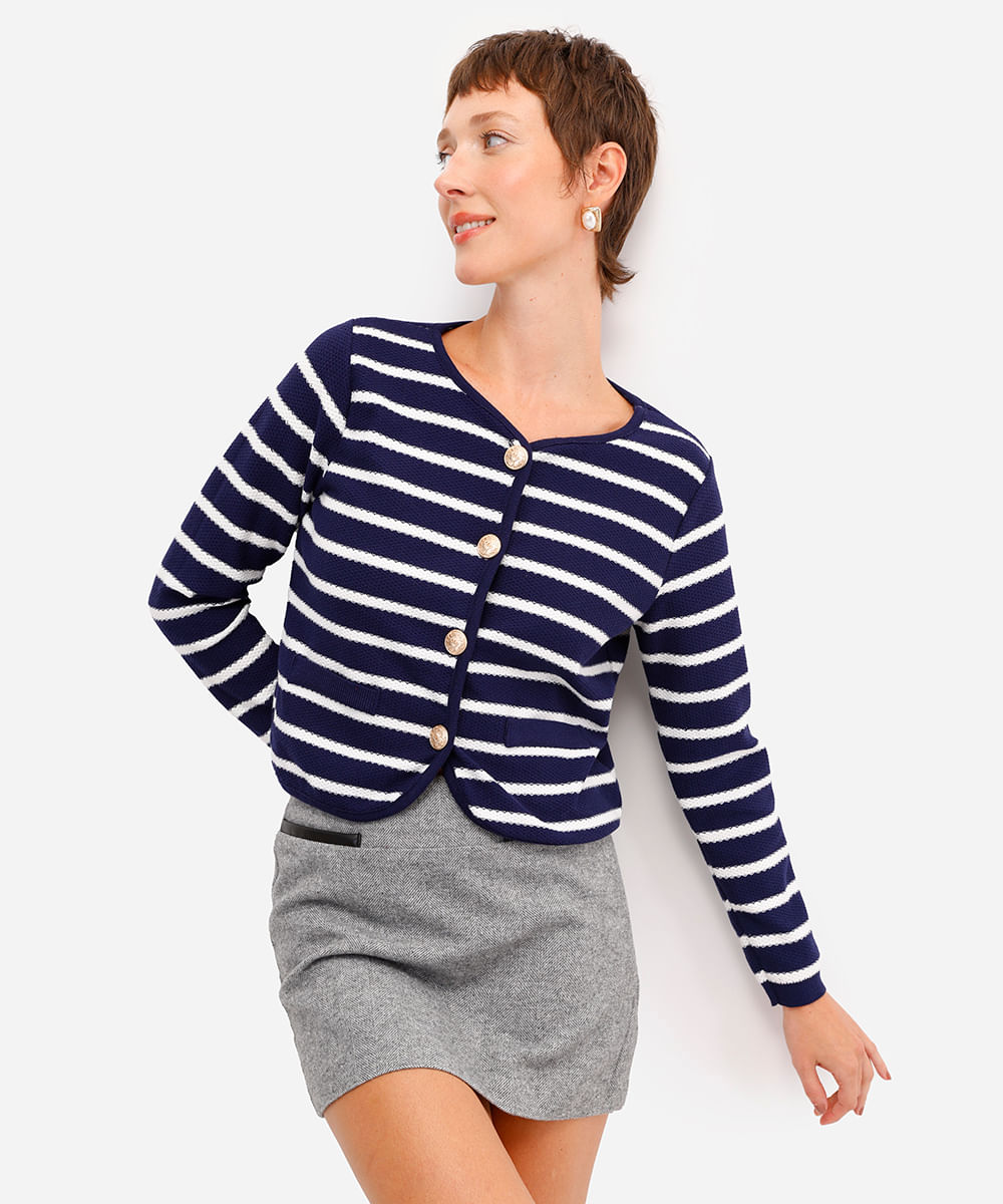 cardigan feminino de tricot listrado com bolsos azul