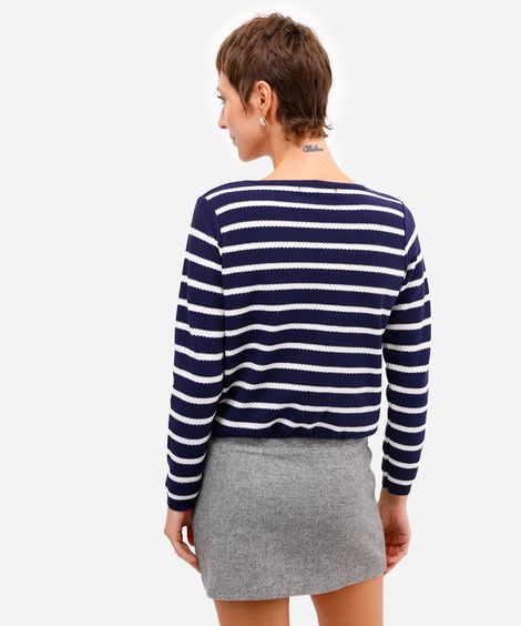 cardigan feminino de tricot listrado com bolsos azul