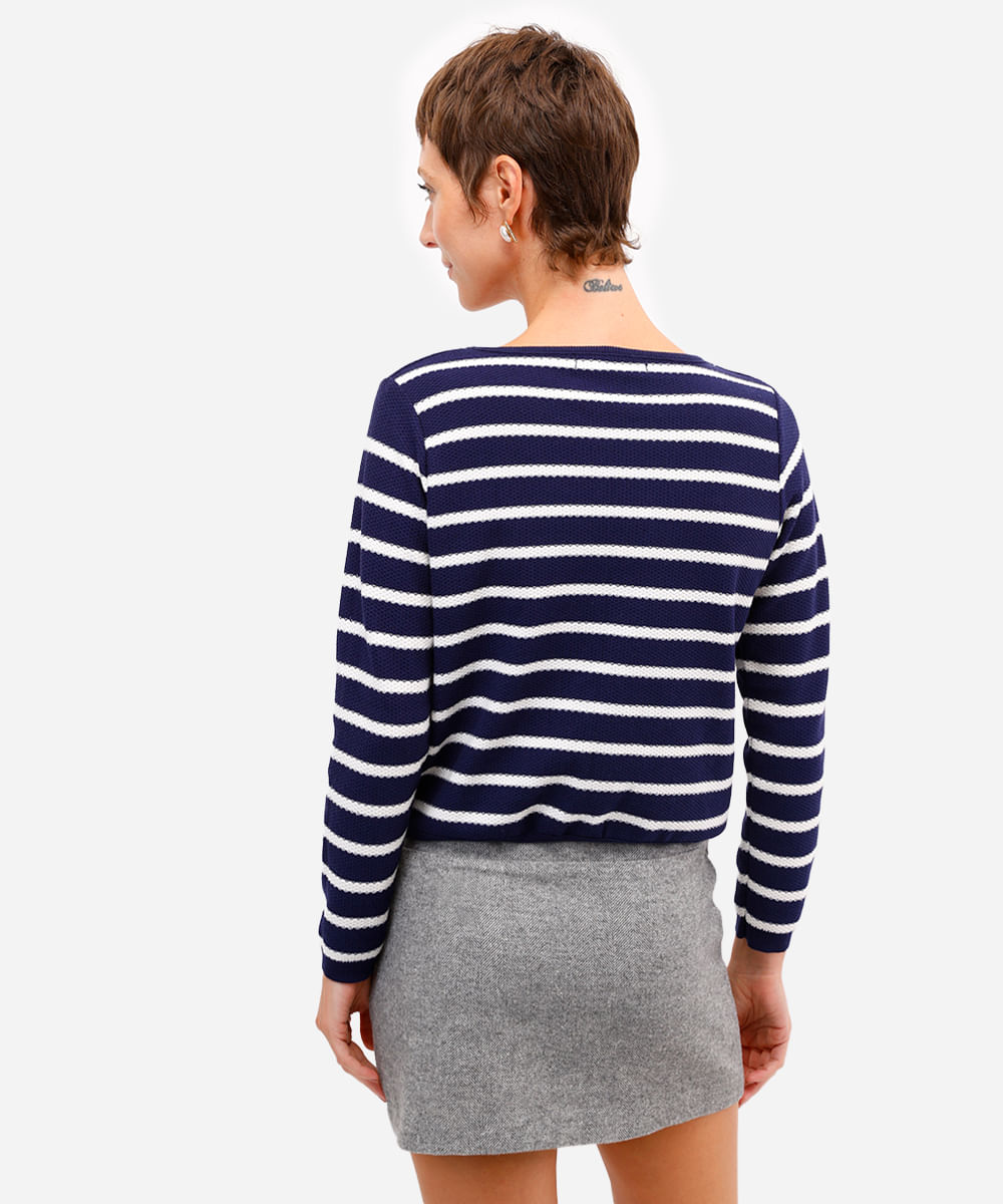 cardigan feminino de tricot listrado com bolsos azul