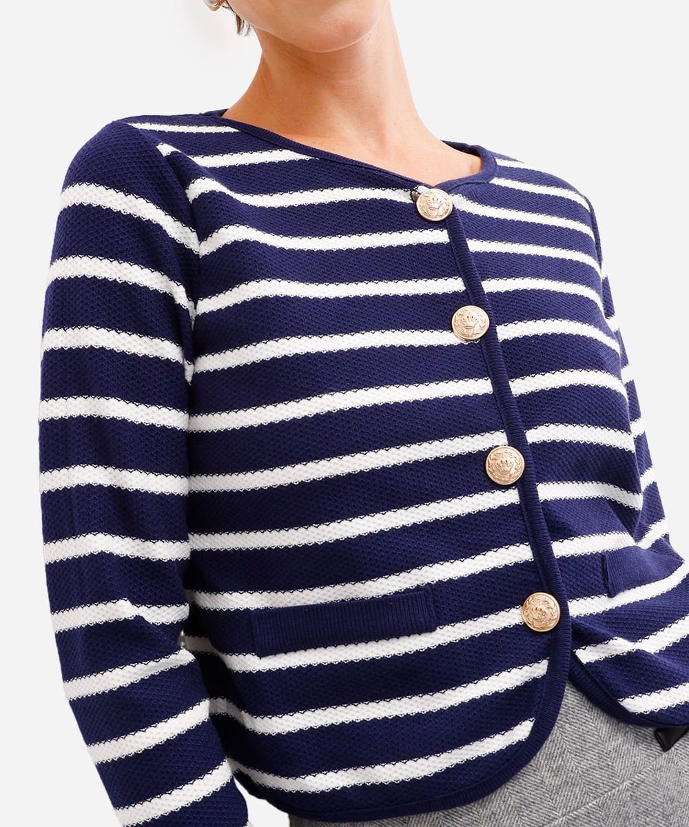 cardigan feminino de tricot listrado com bolsos azul