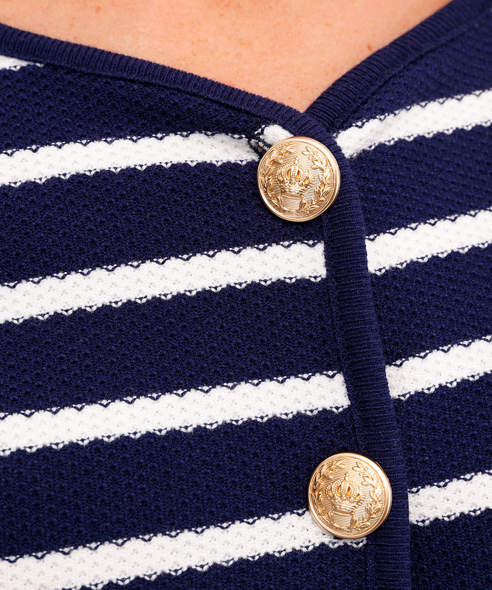cardigan feminino de tricot listrado com bolsos azul