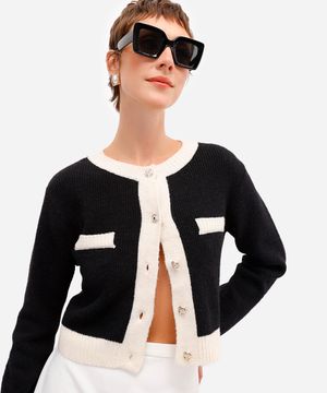 cardigan feminino de tricot bicolor preto