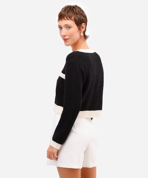 cardigan feminino de tricot bicolor preto