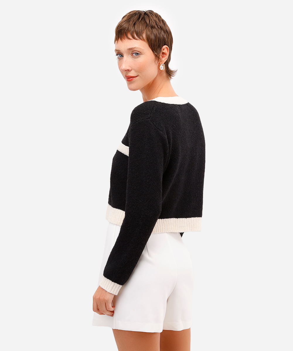 cardigan feminino de tricot bicolor preto