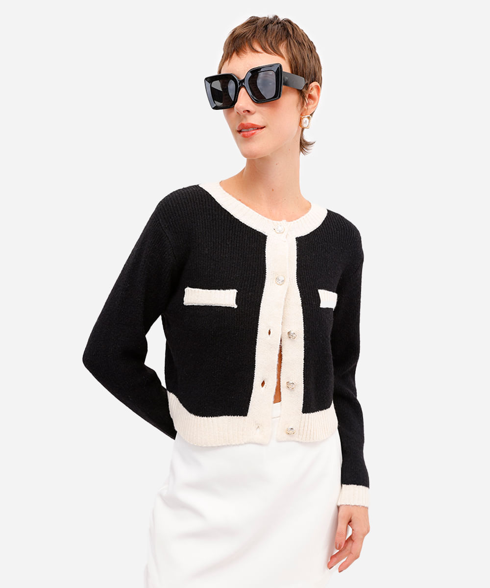 cardigan feminino de tricot bicolor preto