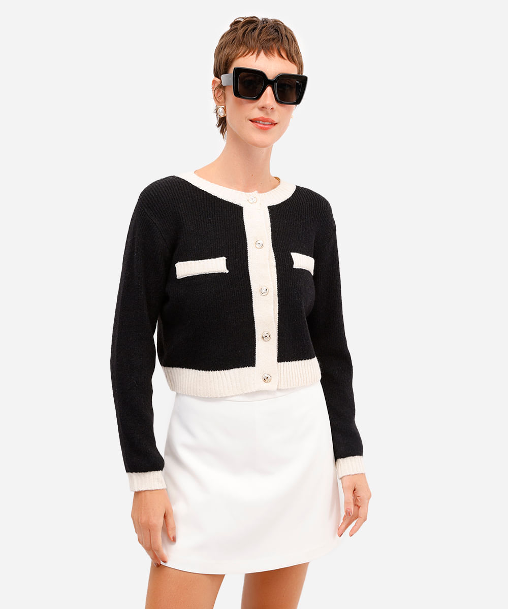 cardigan feminino de tricot bicolor preto