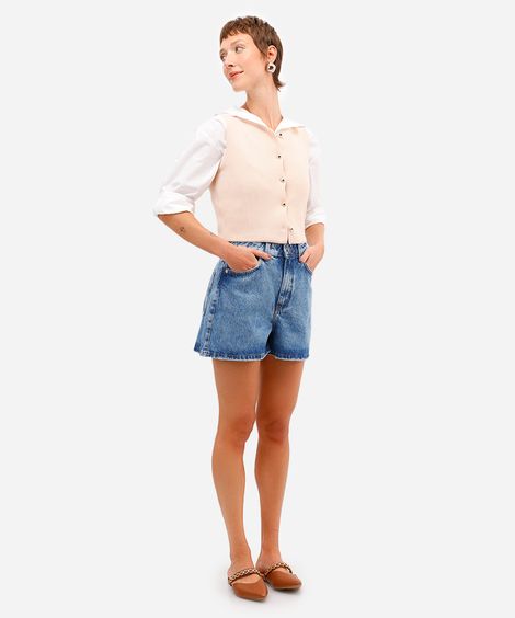 short jeans feminino cintura alta azul