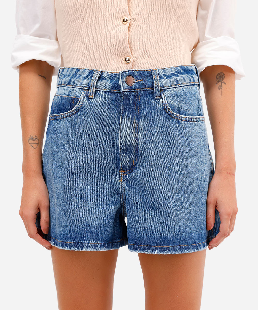 short jeans feminino cintura alta azul