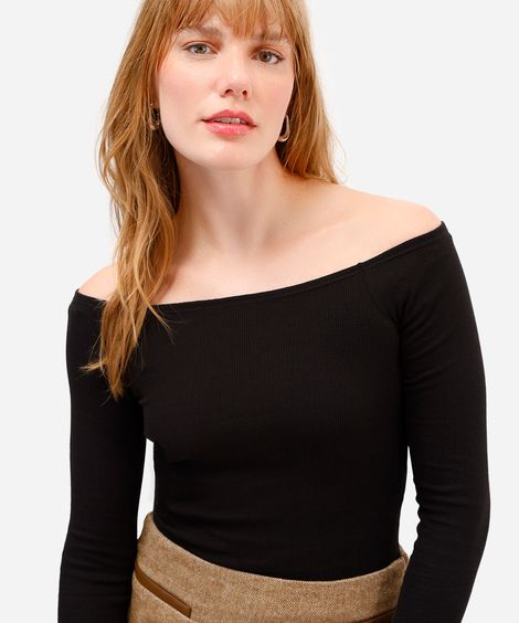 blusa cropped feminina de algodão ombro a ombro preta