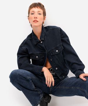 jaqueta feminina jeans com pregas azul