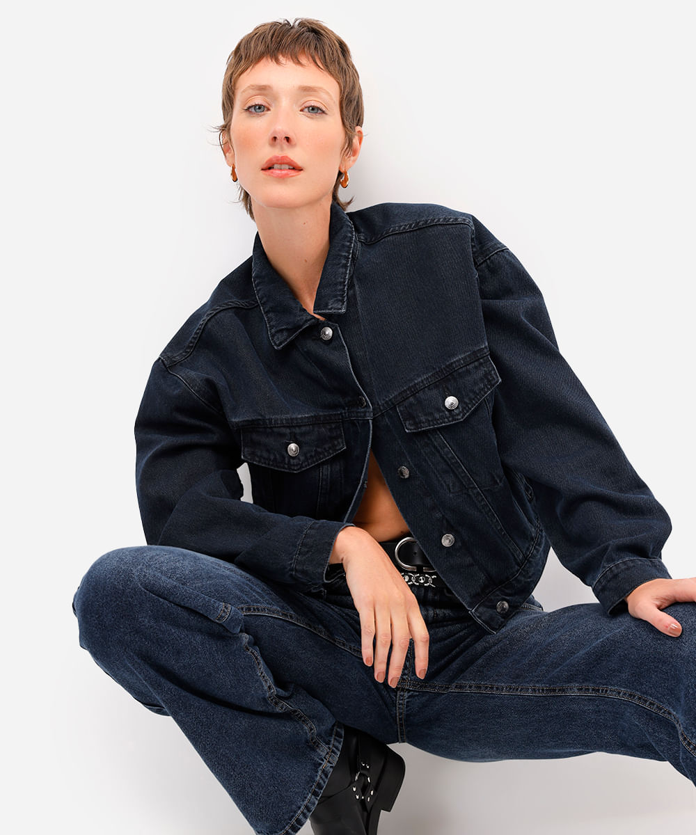jaqueta feminina jeans com pregas azul