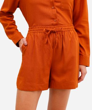 short feminino com linho cós elástico com fendas laranja