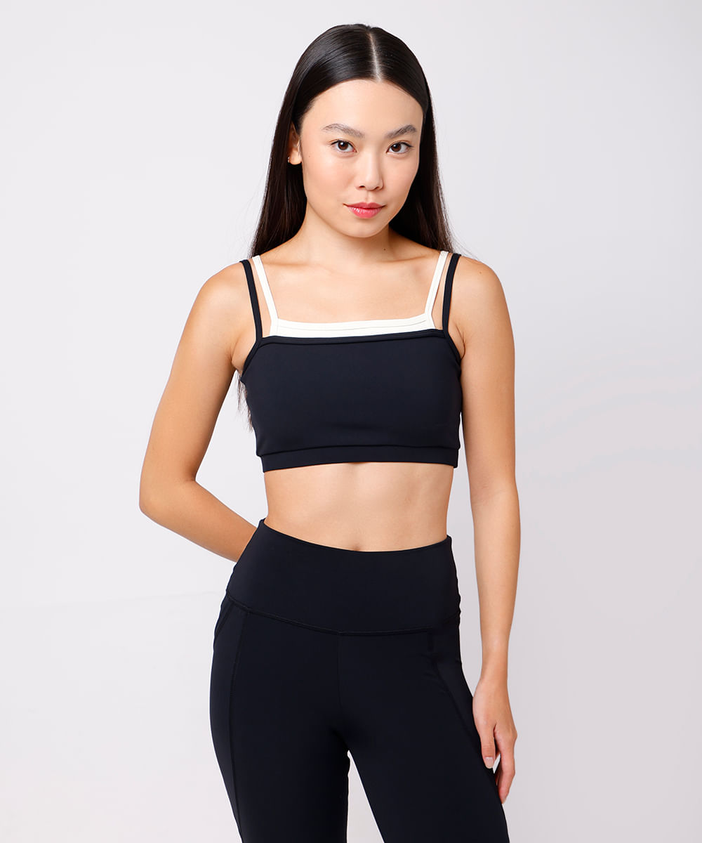 top feminino de poliamida com sobreposição mindset sport preto