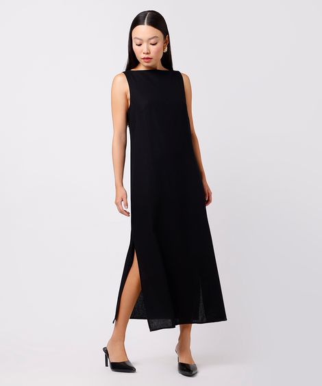 vestido midi feminino com linho e fendas mindset preto