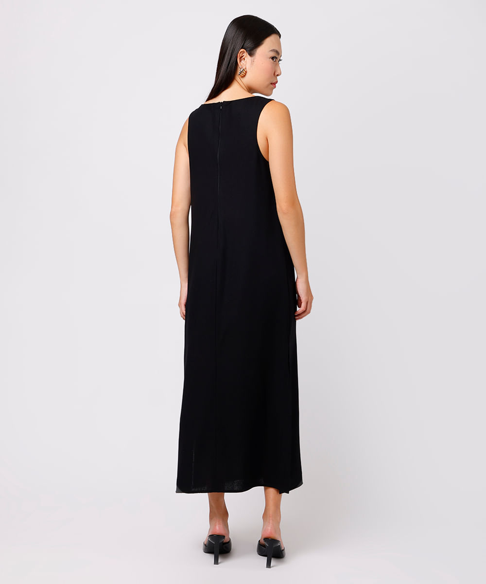 vestido midi feminino com linho e fendas mindset preto