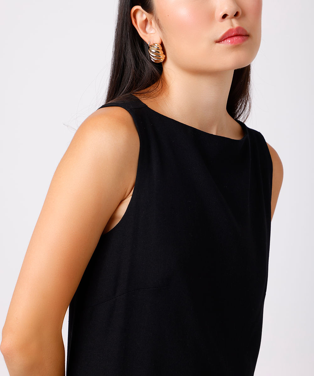 vestido midi feminino com linho e fendas mindset preto