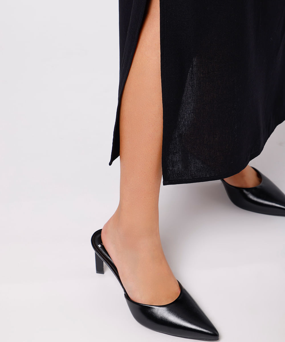vestido midi feminino com linho e fendas mindset preto