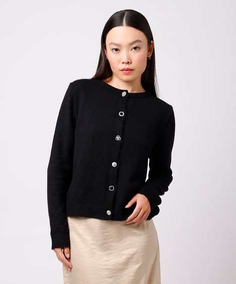 cardigan feminino de tricot botões com strass mindset preto
