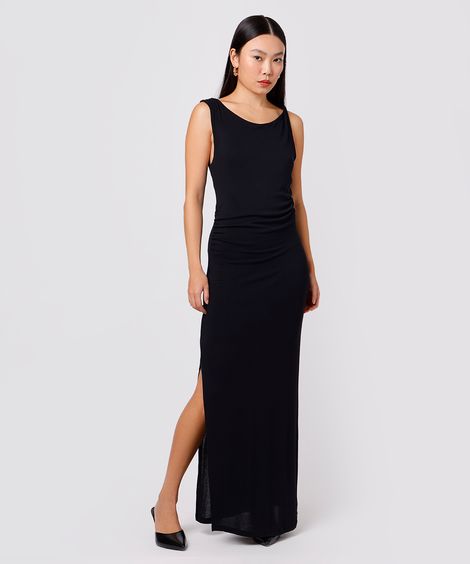 vestido longo de viscose franzido com fenda mindset preto