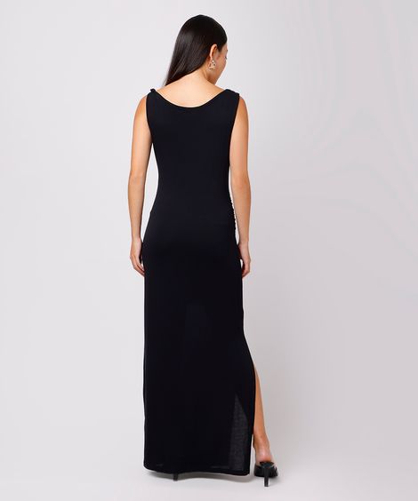 vestido longo de viscose franzido com fenda mindset preto