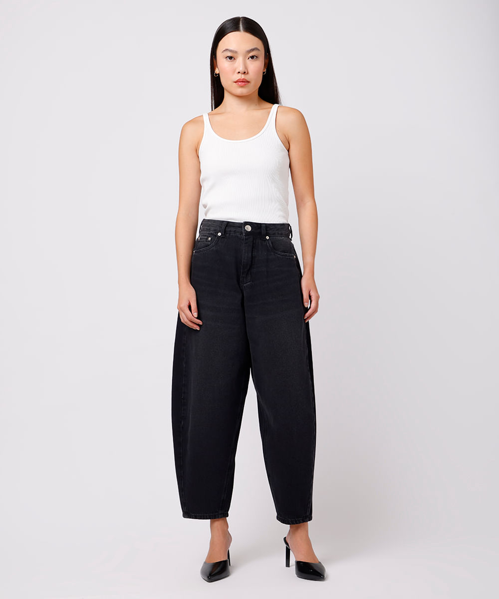 calça barrel feminina jeans mindset preta