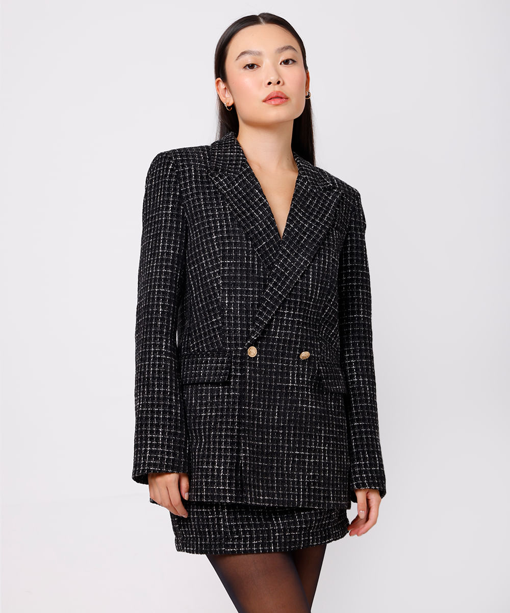 blazer feminino xadrez com lurex mindset preto