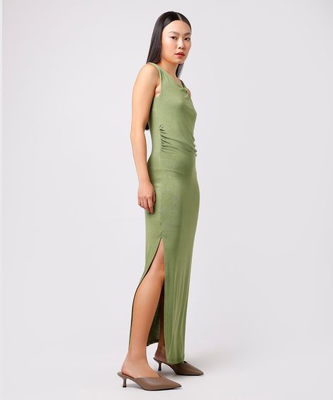 vestido longo de viscose franzido com fenda mindset verde