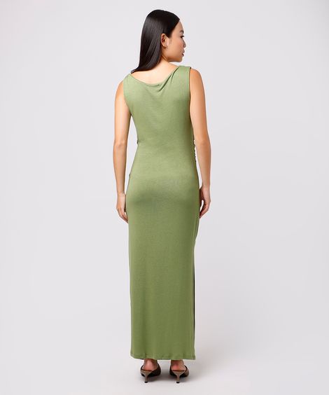 vestido longo de viscose franzido com fenda mindset verde