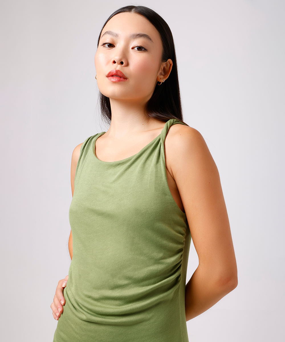 vestido longo de viscose franzido com fenda mindset verde