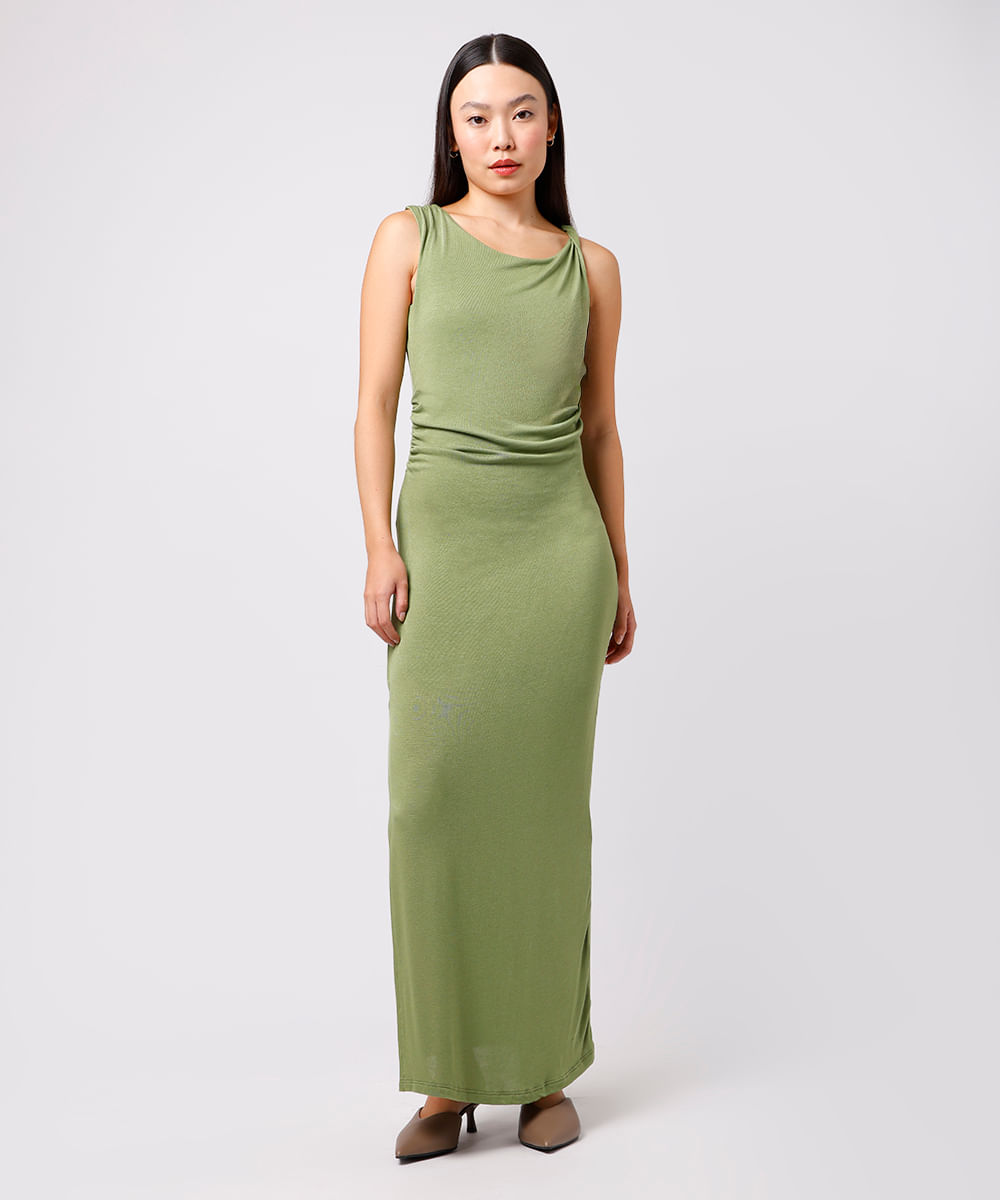 vestido longo de viscose franzido com fenda mindset verde