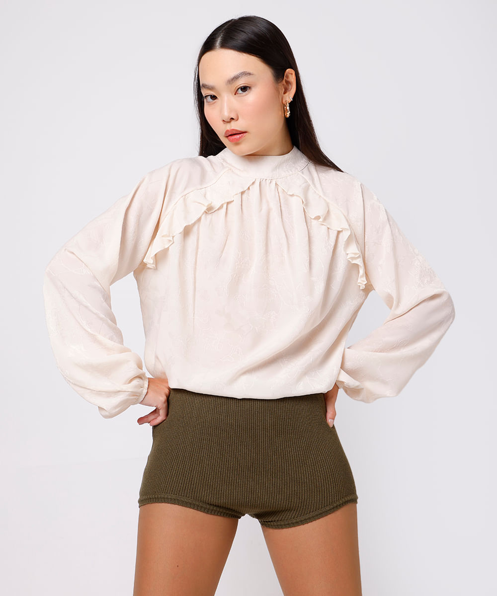 blusa feminina de jacquard floral com babados mindset off white