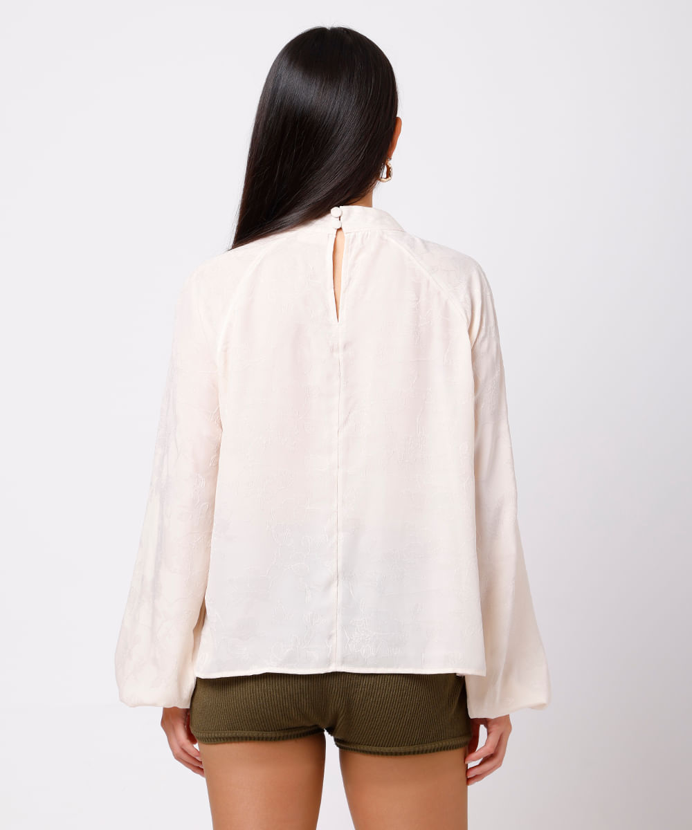 blusa feminina de jacquard floral com babados mindset off white