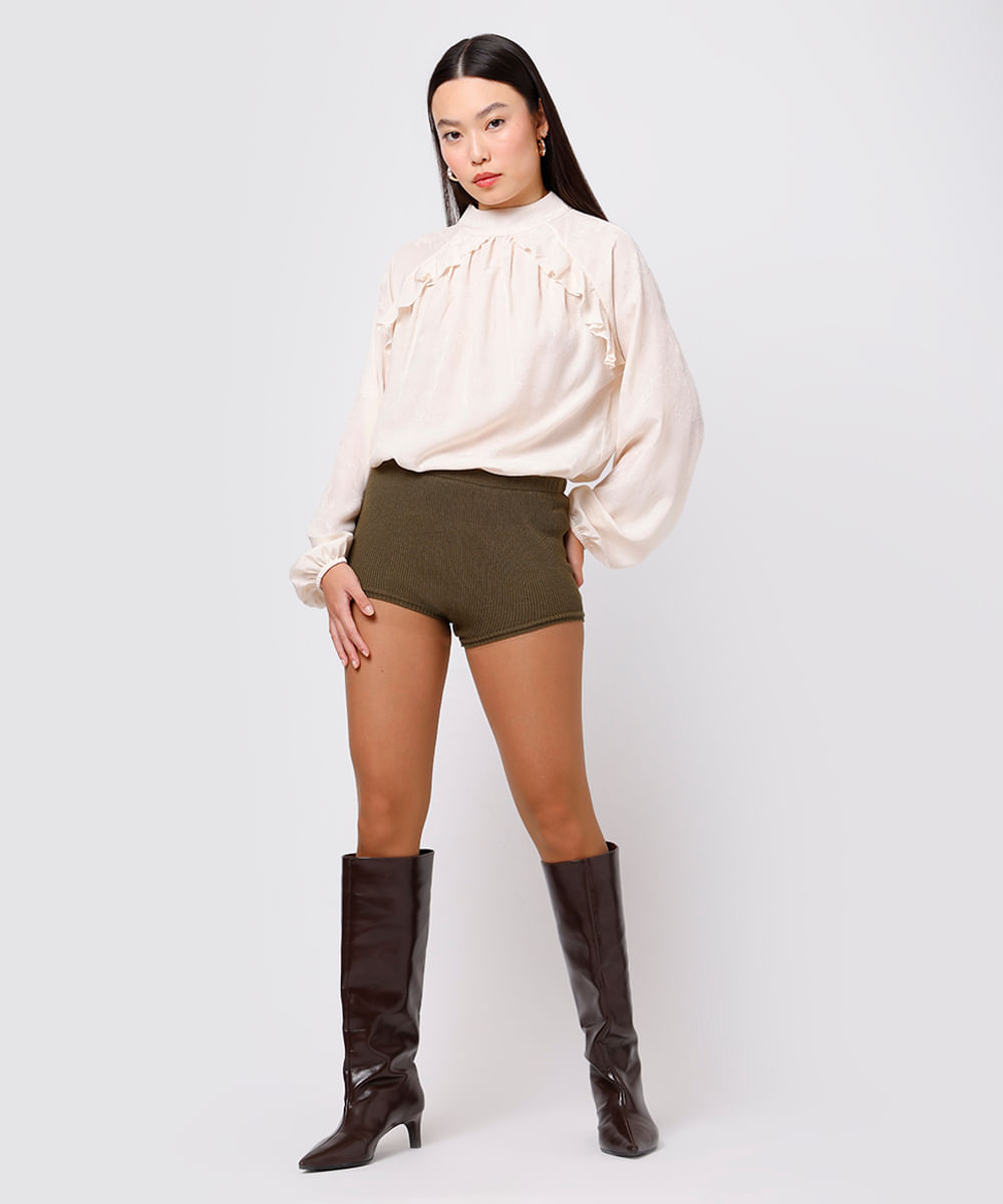blusa feminina de jacquard floral com babados mindset off white