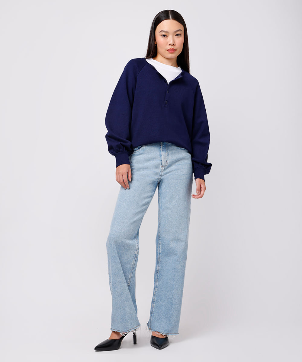 suéter feminino de tricot manga bufante mindset azul