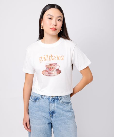 camiseta feminina de algodão spill the tea mindset off white