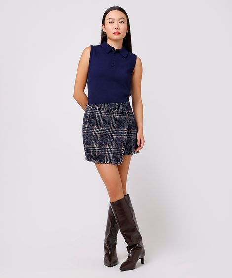 saia curta feminina de tweed com lã xadrez mindset azul