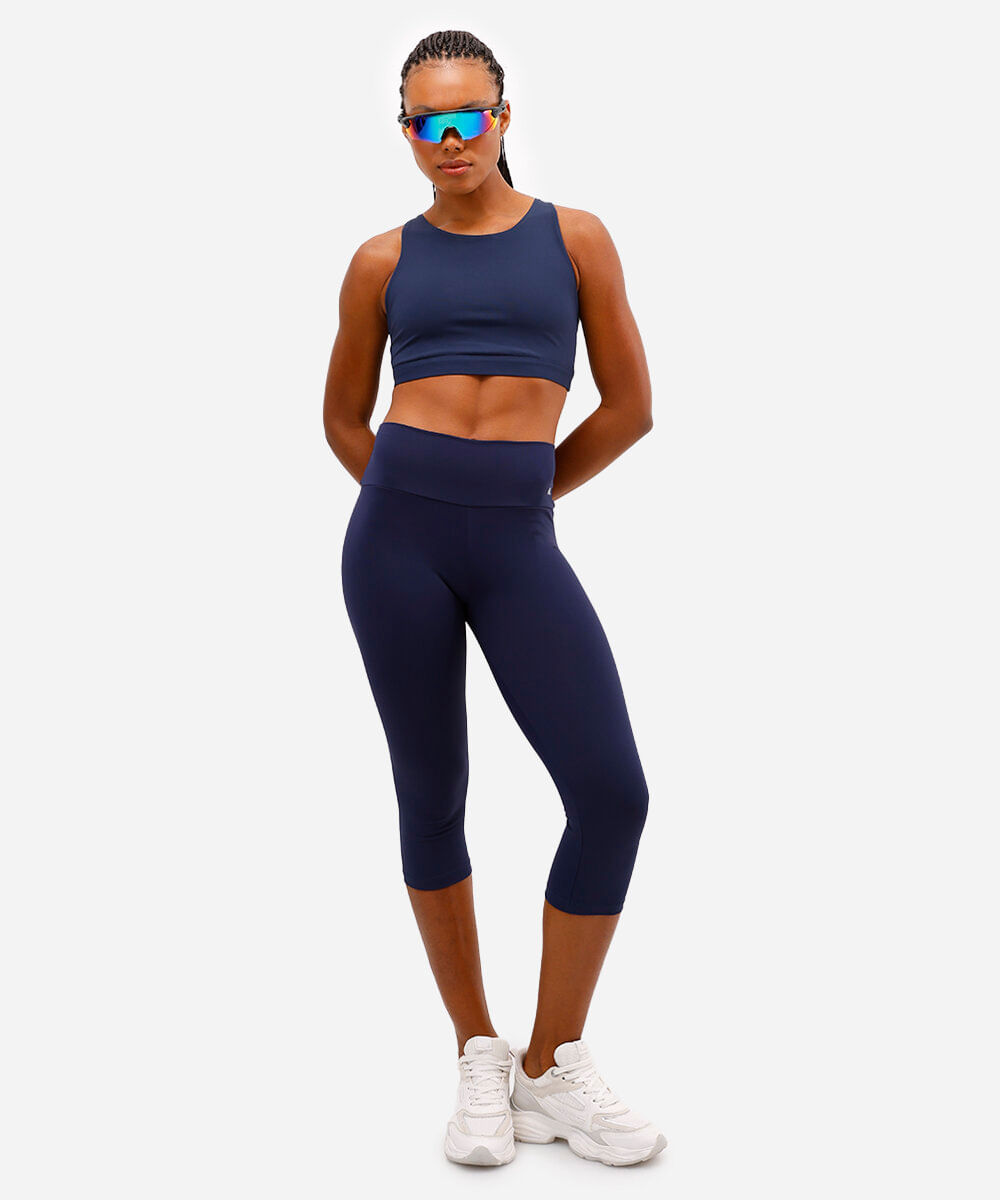 top feminino esportivo decote redondo azul