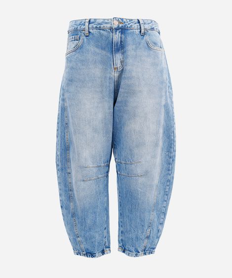 calça barrel feminina jeans com recortes plus size azul