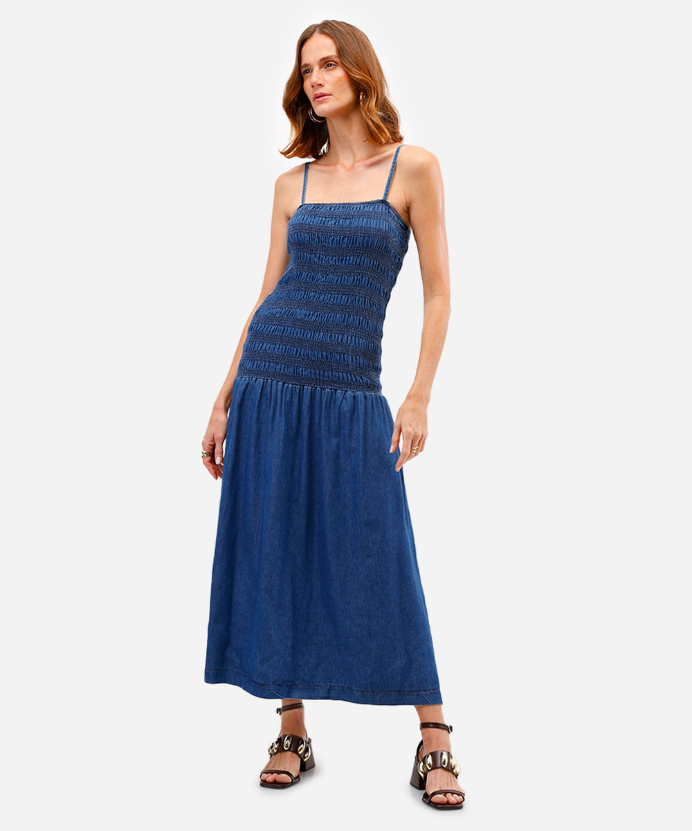 vestido midi feminino jeans franzido com lastex azul