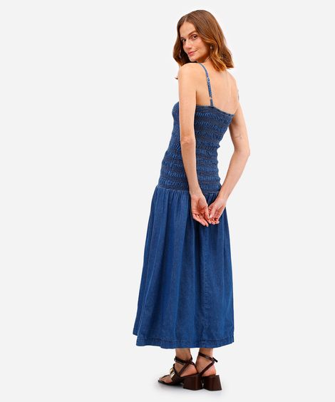 vestido midi feminino jeans franzido com lastex azul
