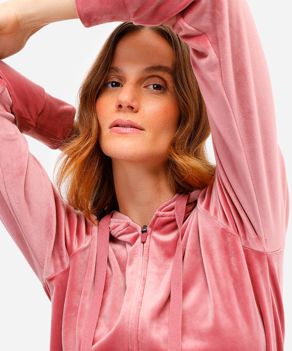 jaqueta de plush com capuz esportiva ace rosa