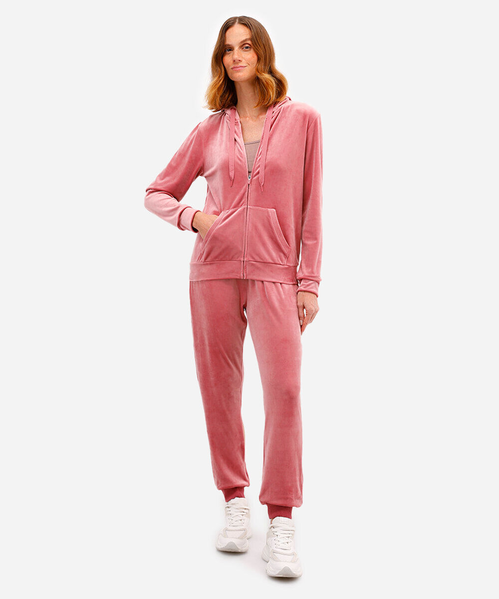 jaqueta de plush com capuz esportiva rosa