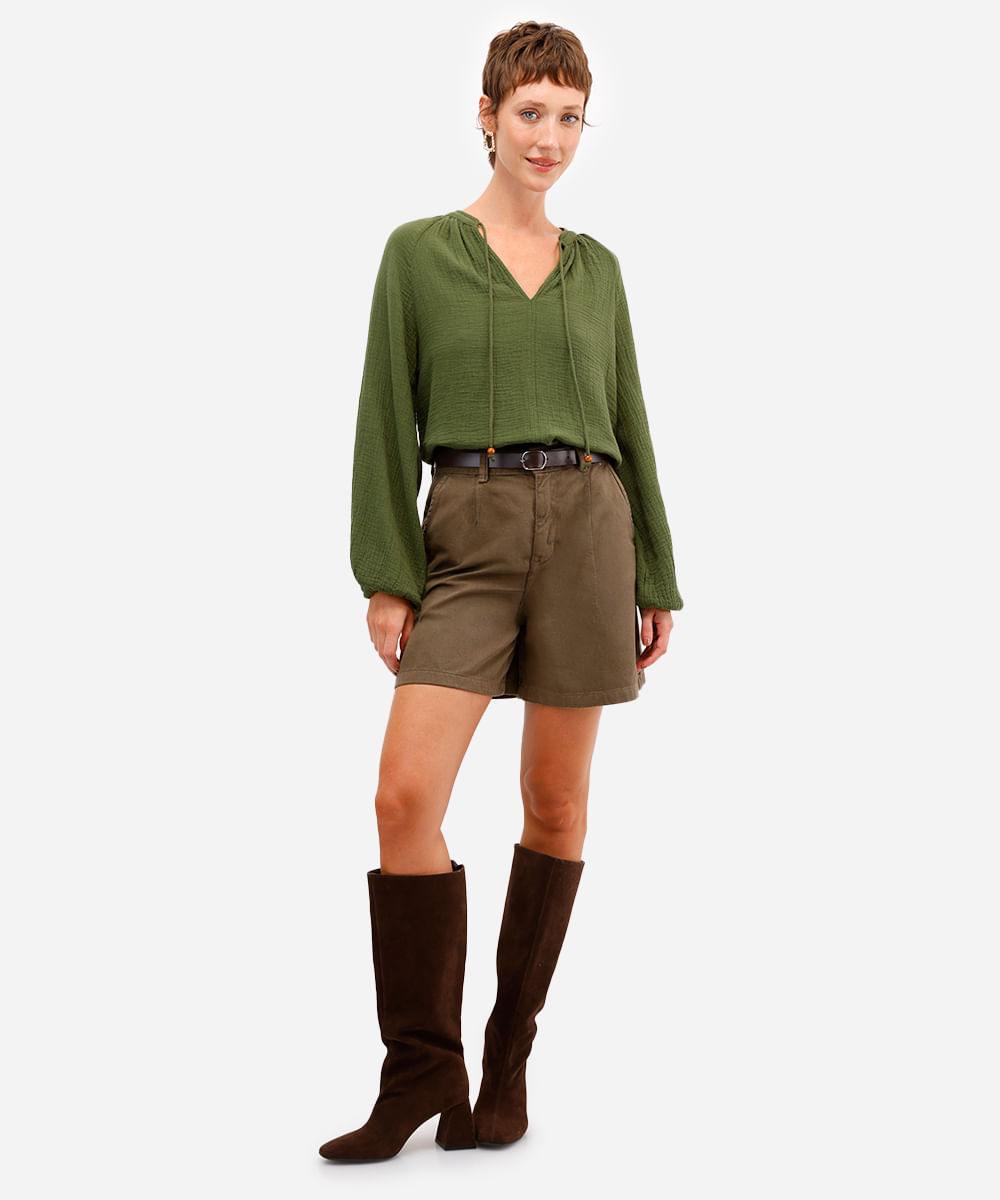 bata feminina de algodão manga bufante texturizada verde