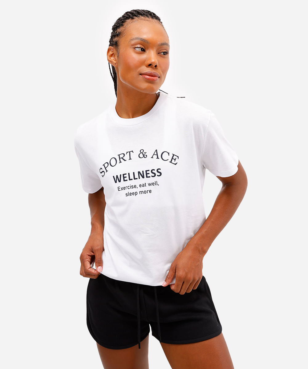 camiseta esportiva feminina de algodão estampada branca