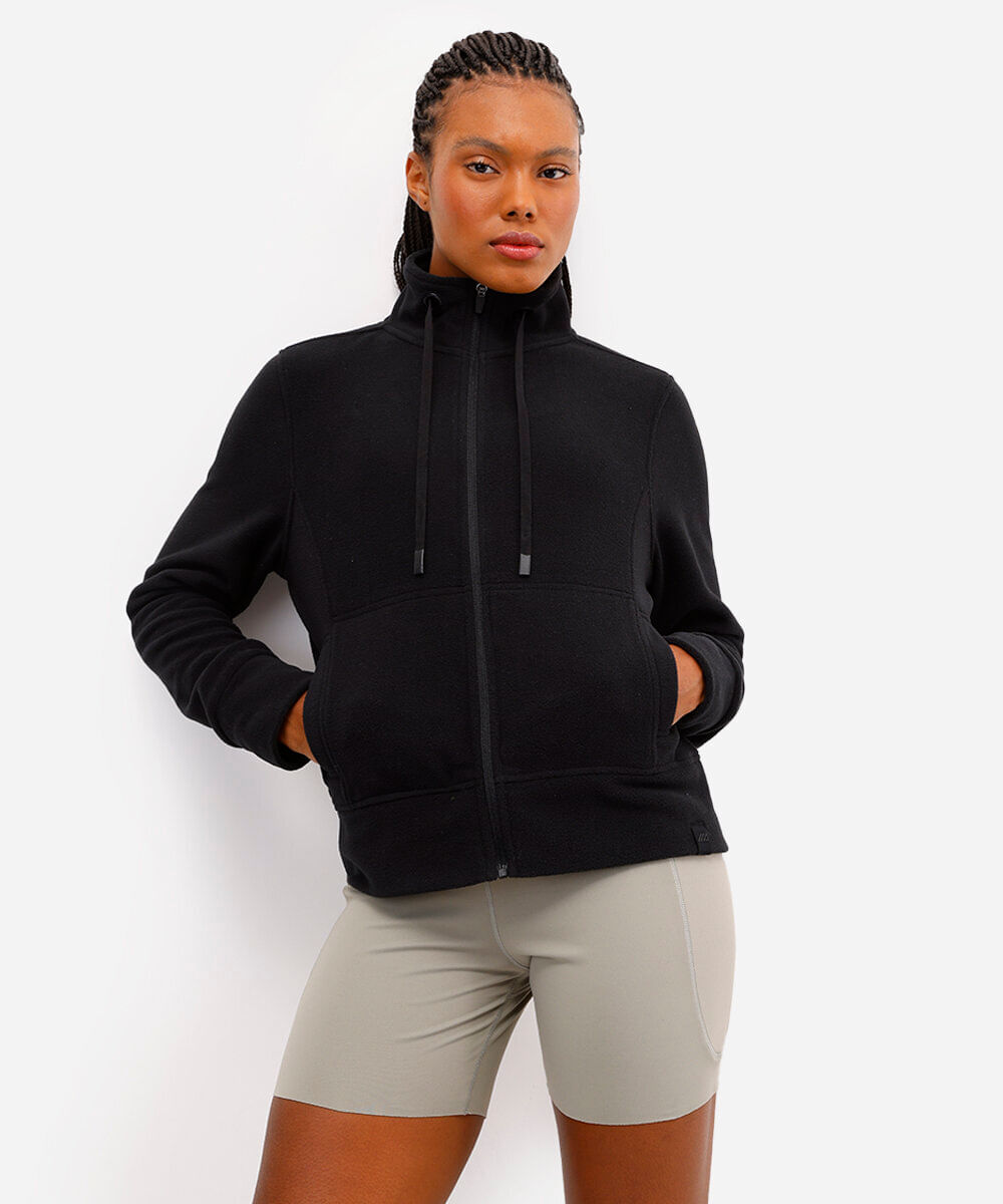 jaqueta de fleece gola alta esportiva preto