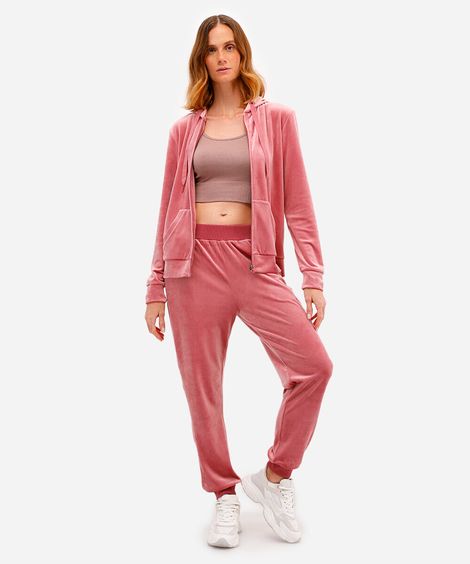 calça reta de plush cintura alta esportiva rosa